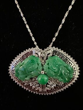 Lucky Qilin .Untreated Jadeite Jade 18k White Gold & Diamond  Brooch Pin/pendant